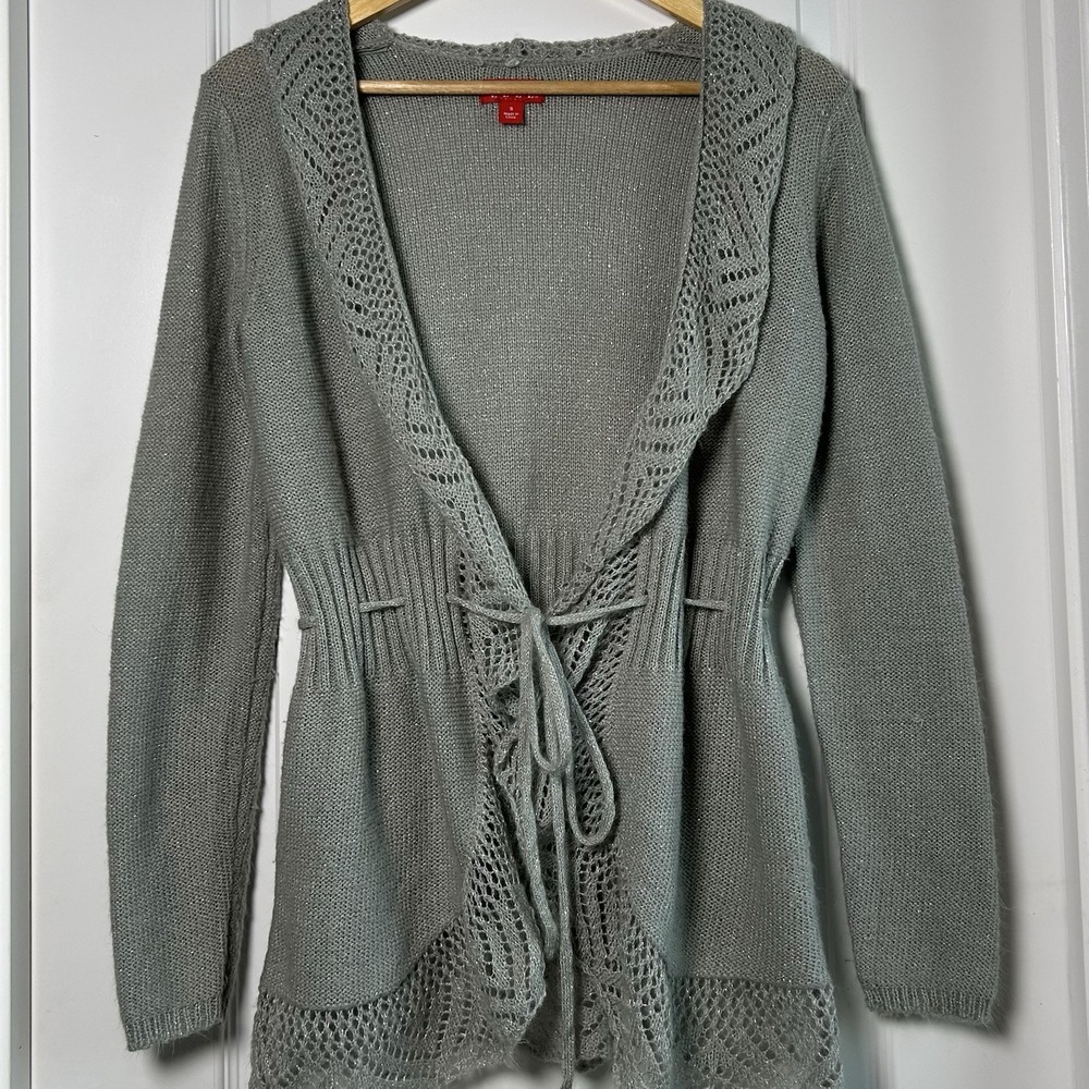 ELLE Gray Shimmer Lurex Crochet Lace Trim Tie Waist Open Cardigan Coquette Style
